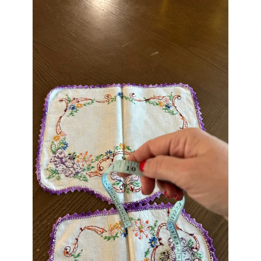 Vintage Hand Embroidered Linen Vanity Set Purple Floral Crochet Lace Trim 2pc